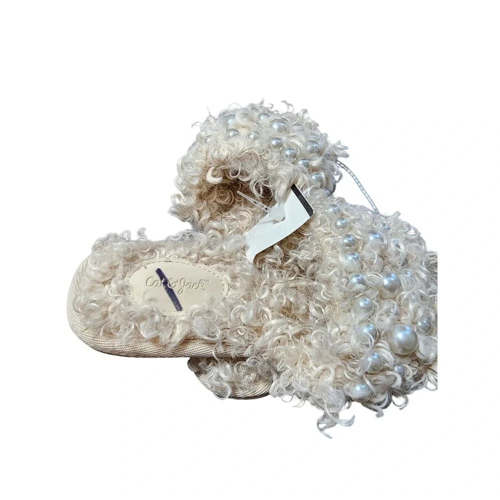 Cat & Jack Girls‎ Slippers Size 2 Cream Faux Fur Pearl Embellished Slide Sandals
